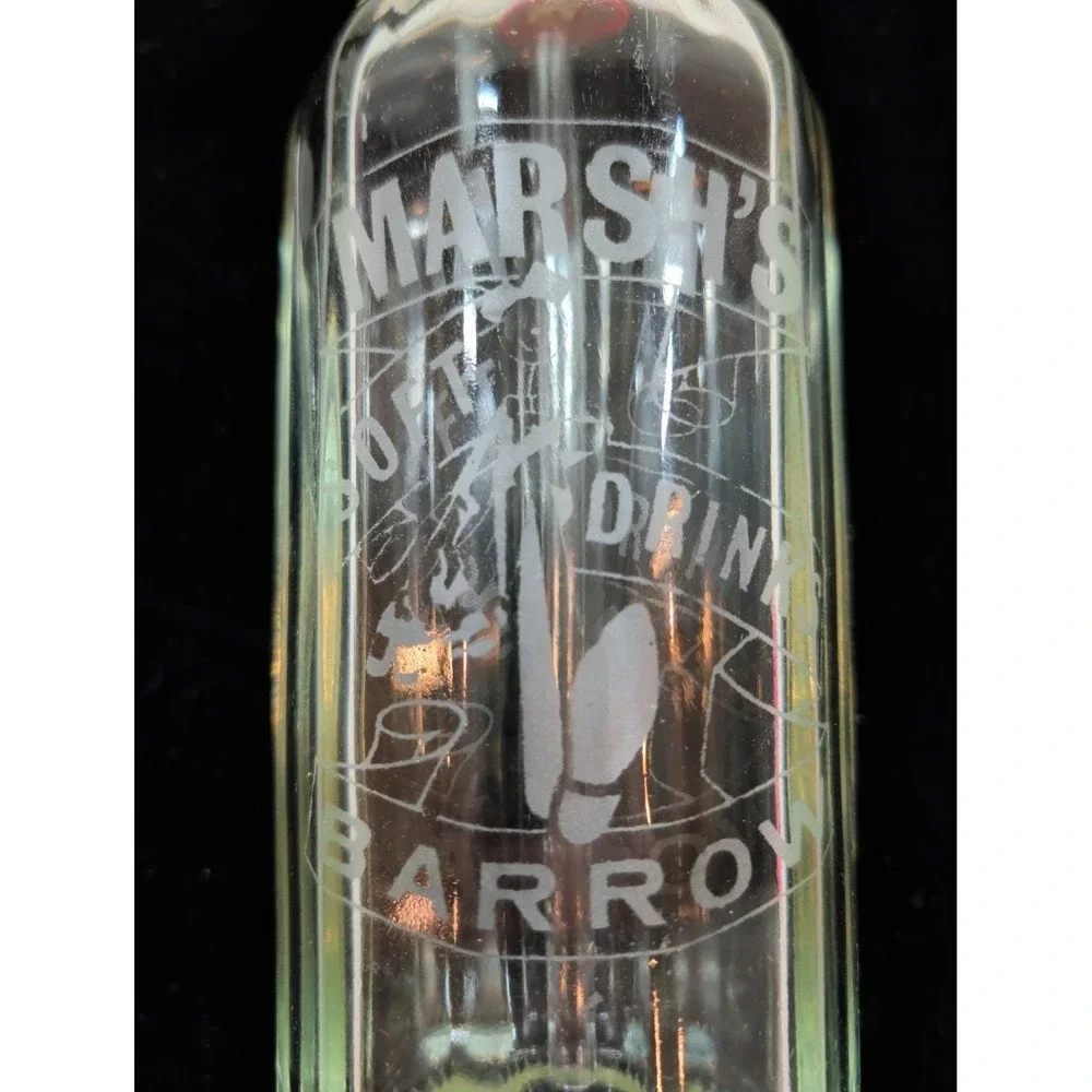 Vintage‎ Marsh's Soft Drinks Barrow Etched Glass Seltzer Bottle Soda Siphon
